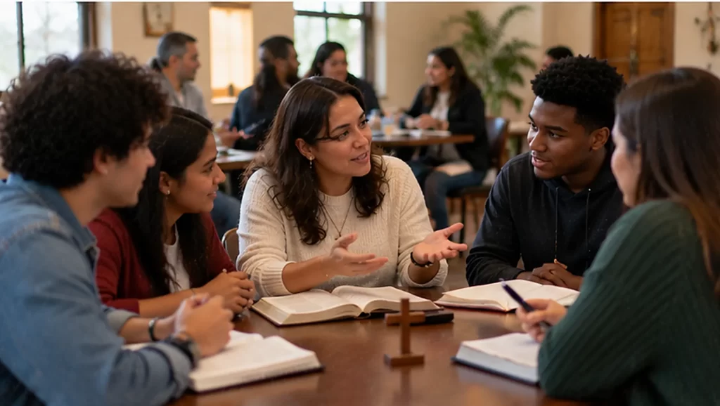 Jóvenes católicos compartiendo la Biblia y reflexionando sobre la misión evangelizadora