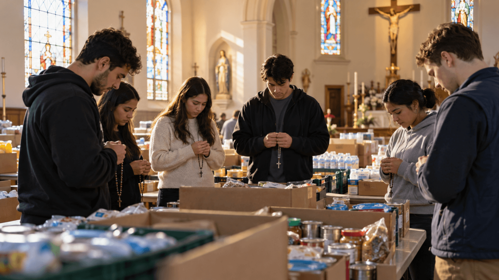 Jóvenes católicos uniendo el Rosario con obras de misericordia y servicio comunitario