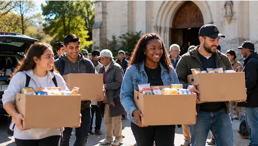 Jóvenes voluntarios transportando alimentos en una jornada de servicio junto a una iglesia