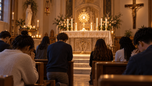 Niños y familias católicas unidos en oración del Rosario por la paz