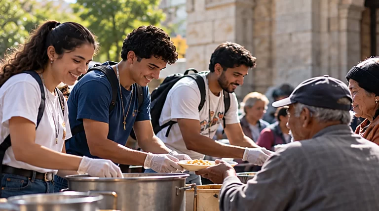 Voluntarios católicos preparando alimentos para una iniciativa solidaria parroquial